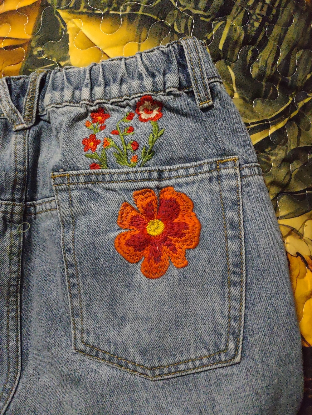 Oh Light Blue Denim  Jeans with Orange & Red Floral Embroidery and Purple Colors